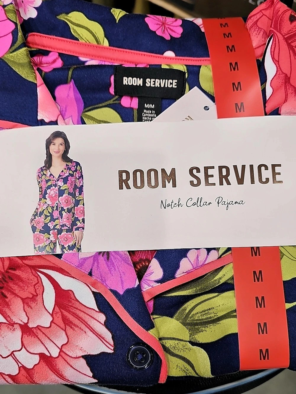 Room Service Notch Collar Pajama Floral Pajama Set in Blue & Pink Size Medium